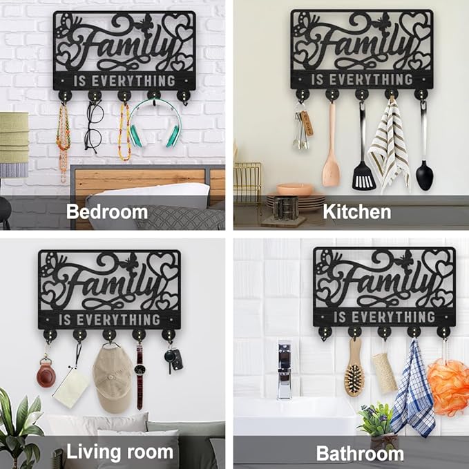MAYJOYDIY Family is Everything Wood Key Holder for Wall 11.8x7.8inch Butterfly Heart Wall Mounted Key Hooks Coat Hanger Rack with 5 Alloy Hooks for Gift Entryway Front Door Kitchen Office Decor