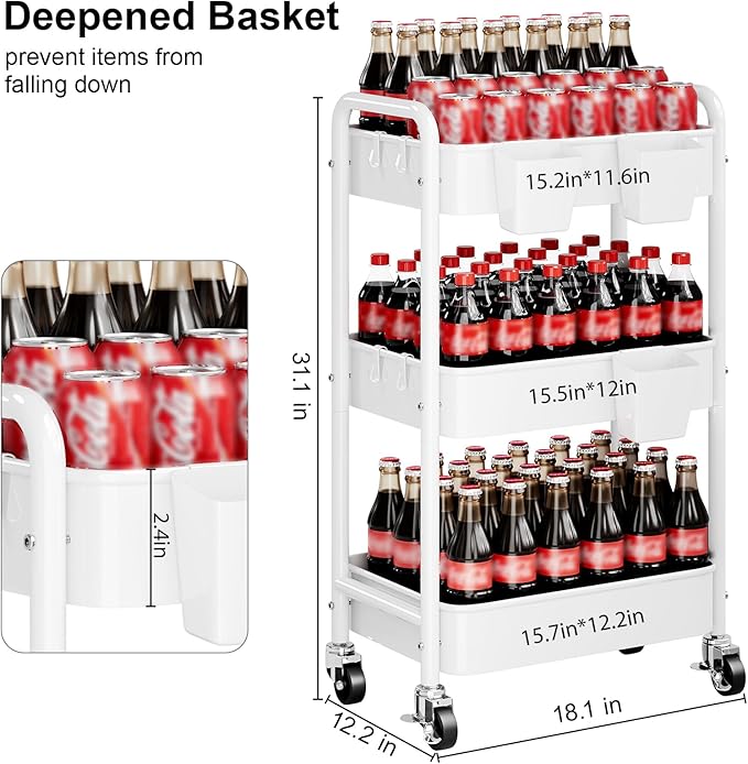 3 Tier Rolling Cart Metal with Wheels, White Three Tiered Storage Cart on Wheels, Utility Trolley Carts Organizer for Kitchen Storage, Pantry, Snack, Craft, Art, Lash, Makeup, Bathroom, Dorm Supply