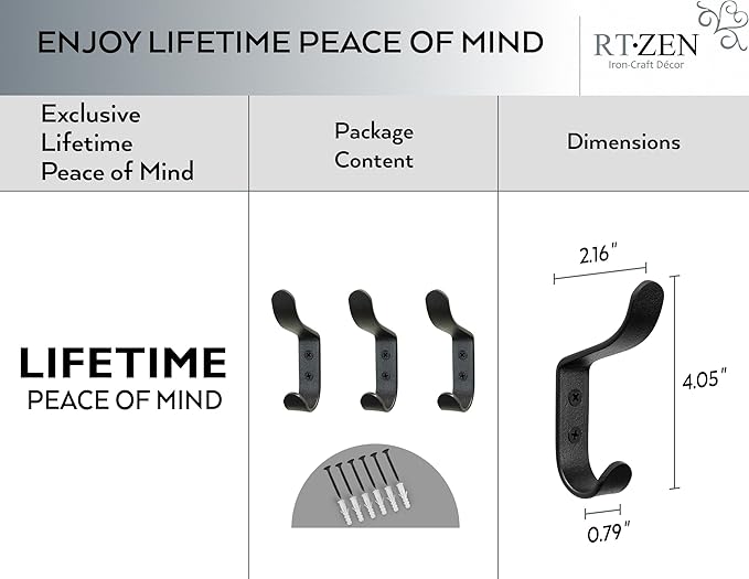 RTZEN Wall Mount Hook Set - Wrought Iron Decorative Rustic Metal Coat Hooks for Hanging - Handcrafted Classic Farmhouse Wall Mounted Black Hooks for Towel Robe or Hat Hanging - 3 Pack