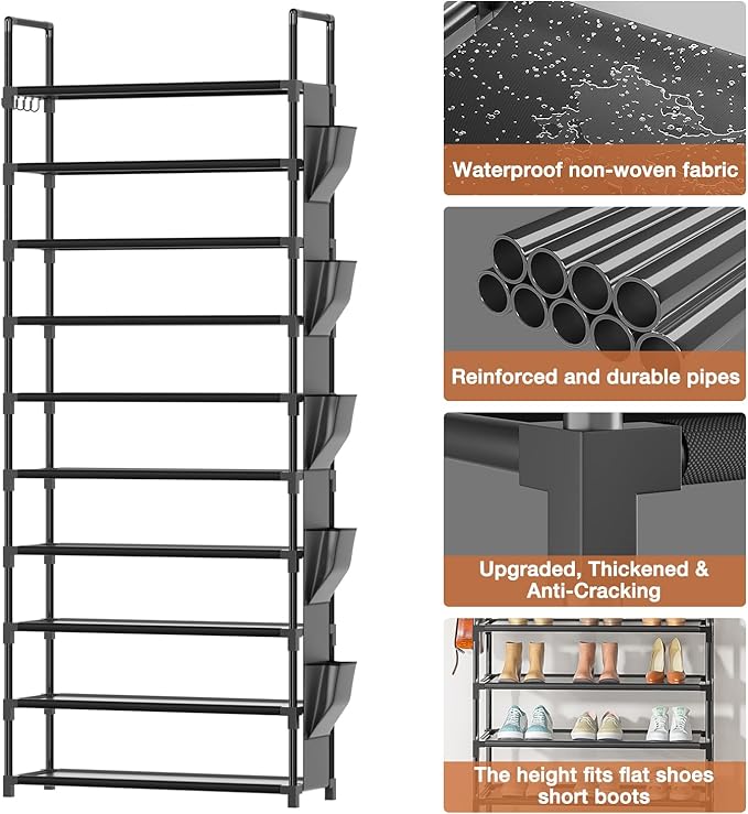 Tall Shoe Rack - 10 Tier Shoe Organizer with Metal Shelf, 5 Hooks, Pocket & Sturdy Stand for Closet Shoes