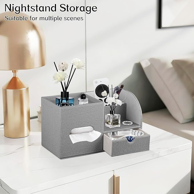 Fanousy Square Tissue Box Cover with Drawer Storage and Tray on Top, PU Leather Tissues Cube Boxes Holder, Modern Nightstand Organizer Caddy, Remote Control Holder for Bathroom, Bedside, Office, Home
