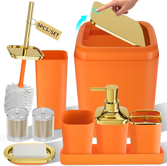 Bathroom Accessories Set - Luxury Orange Bathroom Set, 9 Pieces Bathroom Accessory Set, Orange Bathroom Accessories with Trash Can, Toilet Brush & Soap Dispenser