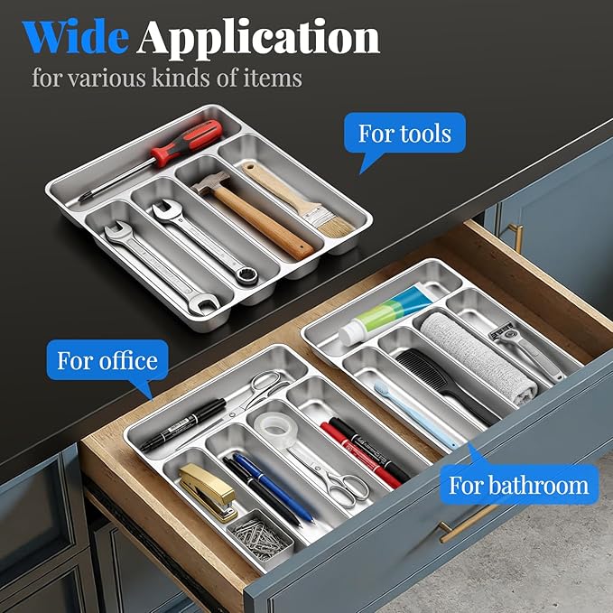 IKOCO 2-Pack Silverware Organizers Stainless Steel Kitchen Drawer Organizer with 5 Compartments, Dishwasher Safe for Spoons Forks Knives (13.8”x11.4”, Silver)