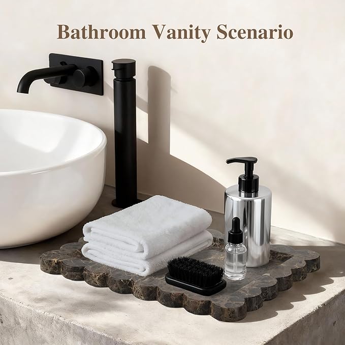 Rectangle Marble Tray with Scalloped Edge, Dark Brown Decorative Tray for Bathroom Vanity, Kitchen Counter, Dresser Top Organizer, Perfume Jewelry Holder, 11x8 Inch Natural Stone Home DÃ©cor