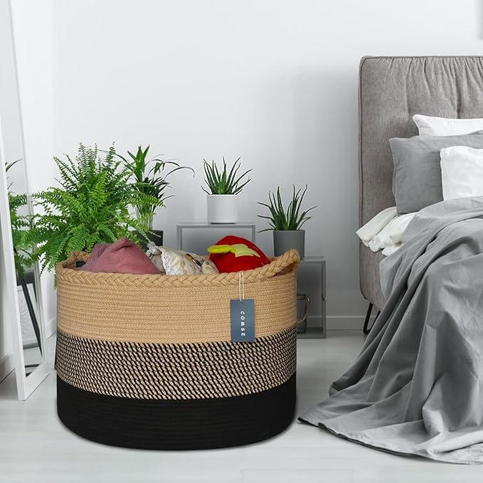 COMSE Extra Large Blanket Basket, Woven Laundry Basket, 21.7âx 13.8â, Nursery Hamper, Cotton Rope Laundry Hamper Living Room for Storage Toys Clothes Towels (Brown & Black)