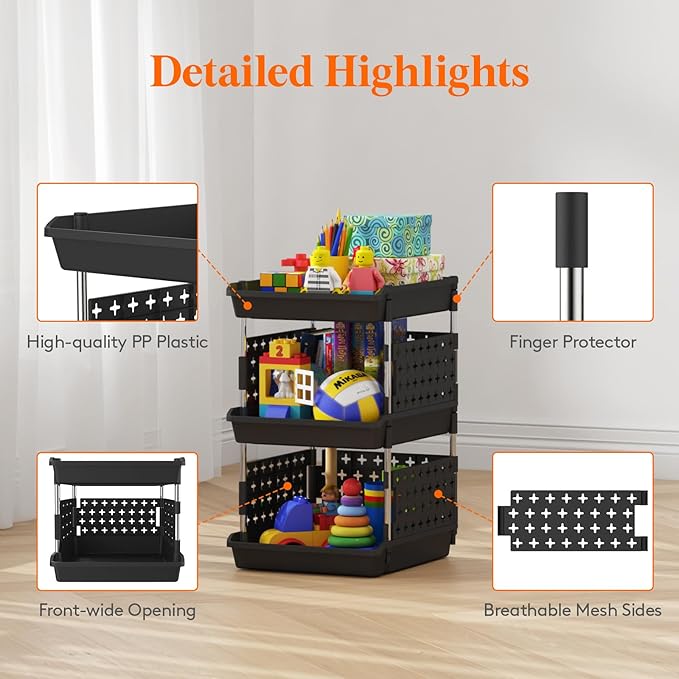 Lifewit Plastic Stackable Storage Baskets, 3 Tier Stacking Bins for Food and Clothes, Multifunctional Organizer for RV, Kitchen, Playroom, Pantry, Black, 35 x 30 x 50 cm/14 x 12 x 20 inch, 1 Pack