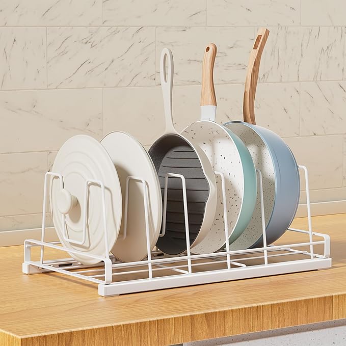 Food Container Lid Organizer, 6 Removable Adjustable Dividers Metal Rack - Storage for Plastic Lids, Pots, Bakeware, Fit for Cabinets, Cupboards, Pantry, Drawers (White)