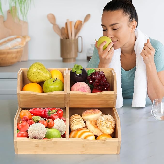 Bamboo Stackable Pantry Storage Bins, Kitchen Pantry Organizers and Storage, Potato and Onion Storage Bin, Wood Pantry Baskets for Produce, Fruits, Vegetable and Bread, Set 3 Pieces