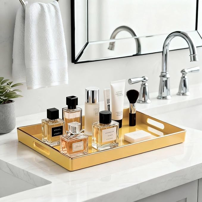 Zosenley Decorative Tray, Rectangular Plastic Tray with Handles, Modern Vanity Tray and Serving Tray for Bathroom, Kitchen, Ottoman and Coffee Table, 15.6â x 10.2â (Light Yellow)