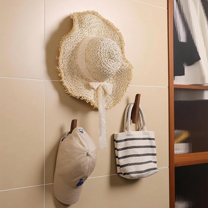FitraNovay4PcSolid Color Walnut Wall Hooks - Hat and Jacket Hooks for Hanging Hats, Jackets, Backpacks, Towels. A Rustic Style Hook Suitable for Use in Entrances, Bathrooms, Kitchens (Walnut Color)