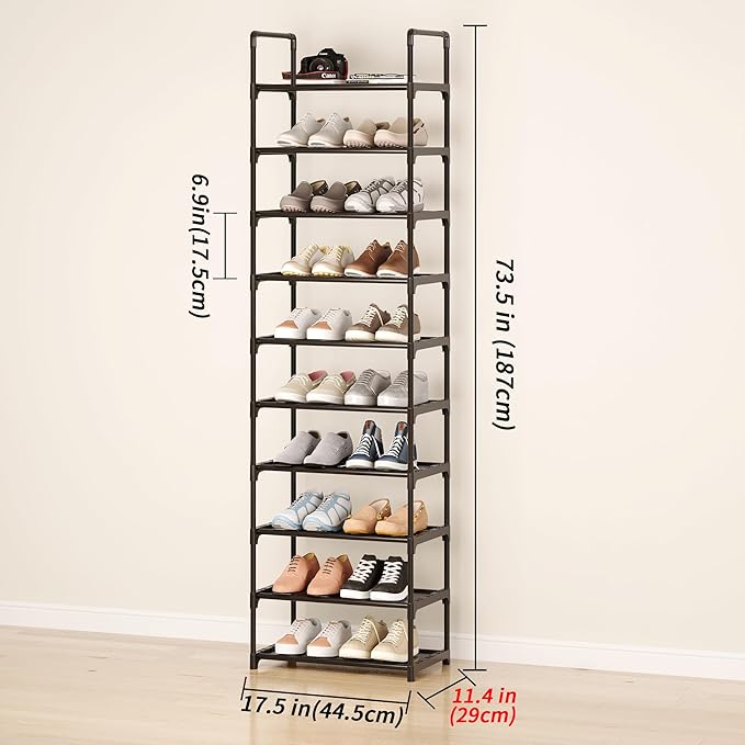 10-Tier Tall Shoe Rack, Adjustable 20-25 Pairs Shoe Shelf Storage Organizer for Entryway Hallway Closet Bathroom Living Room (Black)