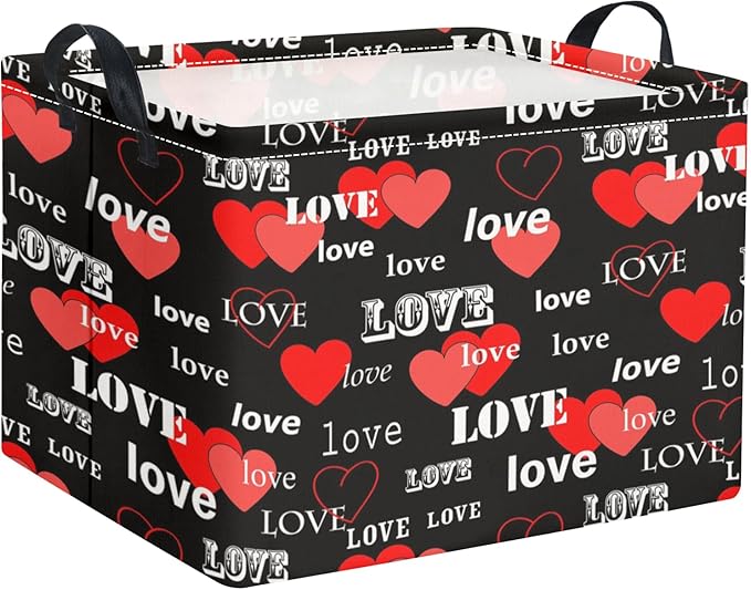 Rectangular Valentines Basket for Home Kitchen Girls Cute Kids Storage Bin Organizer Shelf Book Room Decor(Black Red Love)