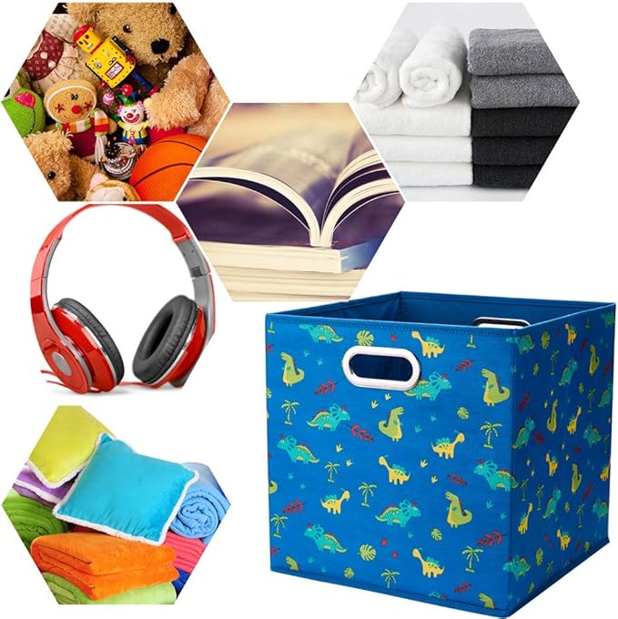 Dinosaur Fabric Storage Cubes Bins Kids 13x13x 13 in Navy Blue Storage Cubes Inserts Foldable Cloth Storage Boxes Collapsible Storage Baskets Drawer for Cube Organizer ,QY-SC06-6