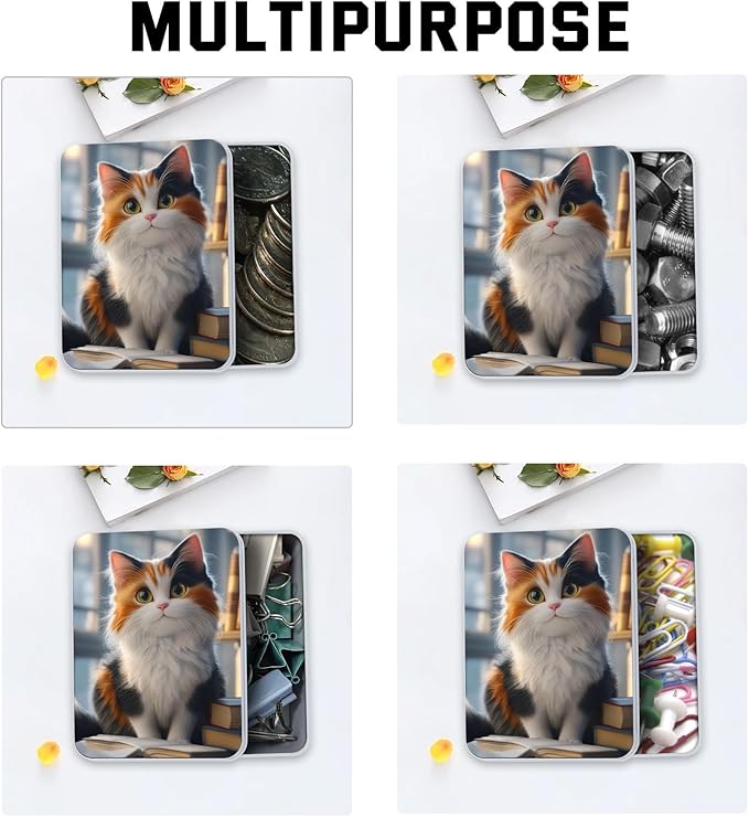 Metal Tin Box with Lid,Multi-functional Storage Large Box Can Store Tea Biscuits Game Cards, Playing & Tarot Cards-Comes with 4 Magnetic Cord Clips,Calico Cat with Books