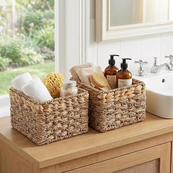Small Wicker Baskets for Storage 2-Pack, Natural, Woven Baskets for Organizing Living Room, Pantry, Shelves, Wicker, Decorative - Small Size - 8x7x5.5 inches