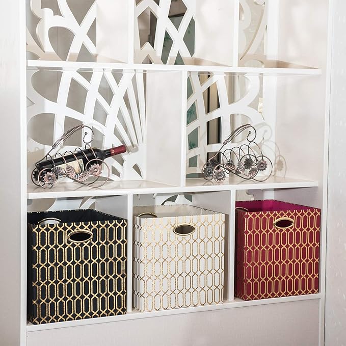Posprica Storage Bins, Storage Cubes,13Ã13 Fabric Drawers Organizer Basket Boxes Containers (13Ã13Ã13/4pcs, Black/gold geometry Pattern)