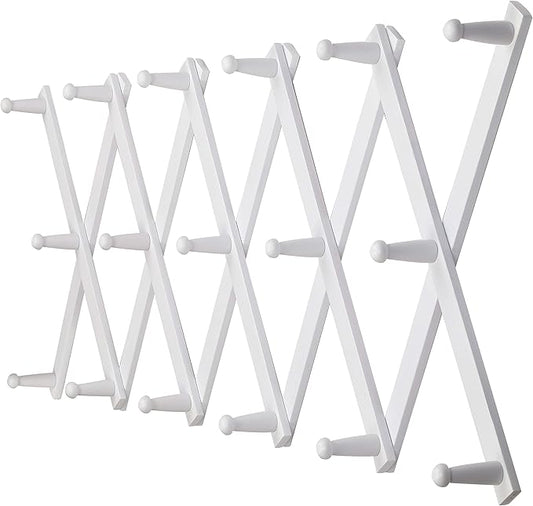 Dseap Accordian Wall Hanger: 16” High Wooden Wall Expandable Coat Rack, Hat Rack Holder, Accordion Hook for Baseball Caps, Coats, Mugs, 17 Peg Hooks, White