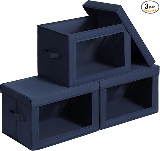 Foldable Storage Boxes with Clear Window - Clothes Organizers and Storage, Decorative Bins with Lid, Fabric Storage Cube, Storage Baskets for shelves, Yarn, Home, Navy blue, 3 Pack