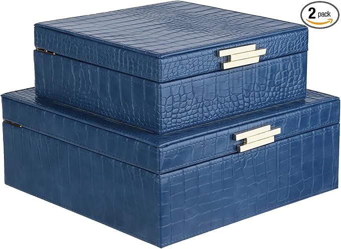 HofferRuffer Square Decorative Boxes, Set of 2 Nesting Storage Memory Keepsake Boxes with Lids, Stylish PU Leather Trinket Jewelry Organizer Box for Home Decor and Storage (Blue Croco)