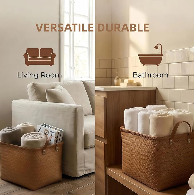 Storage Baskets 5-Pack - Woven Laundry Basket Organizer, 15x11x11Inch Open Hamper Bins for Clothes Blanket Storage,Shelf Closet Organization, 25L Handwoven Rattan Baskets for Home Decor
