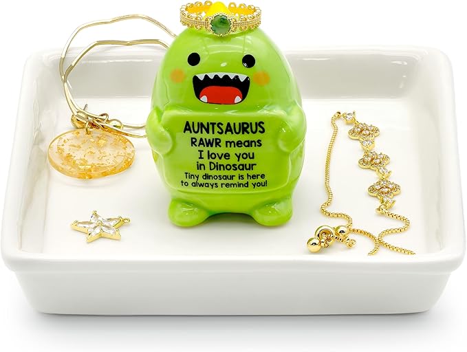 PUDDING CABIN Auntsaurus Dinosaur Ceramic Ring Holder, Jewelry Trinket Tray for Vanity, Gift for Aunt from Niece Nephew, Mothers Day Birthday Christmas Gift for Auntie