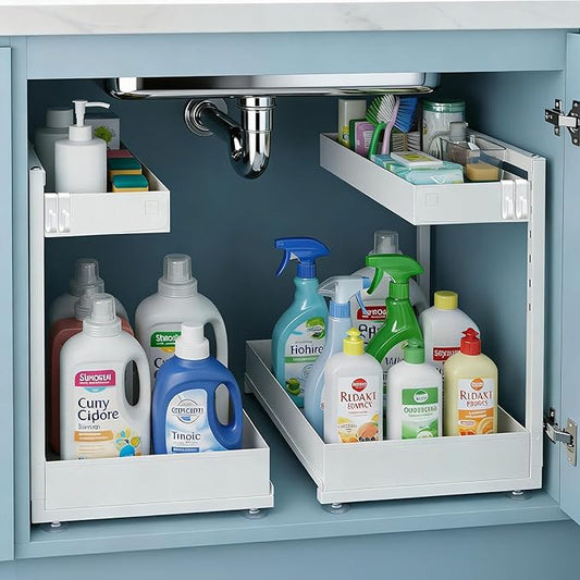 Under Sink Organizer, Bathroom Counter Organizer, 2 Pack 2 Tier L-Shape White, Adjustable Height Carbon Steel, Under Cabinet Storage with Pull Out Drawer, Use for Kitchen Bathroom Office Shop Laundry