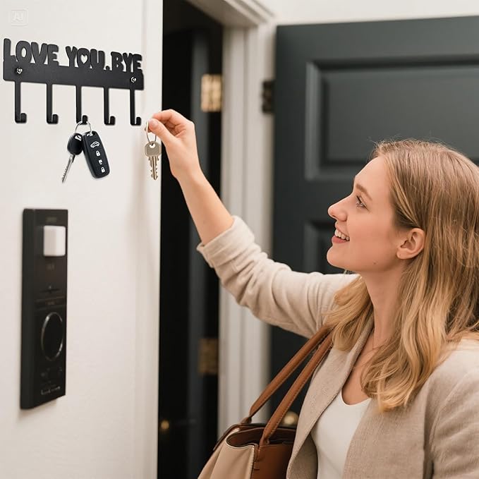 Key Holder Wall Mount – 'Love You.Bye' Entryway Organizer with 5 Hooks,Black Metal Key Hanger (10x4 Inch) – No Drill Adhesive or Screws for Easy Installation