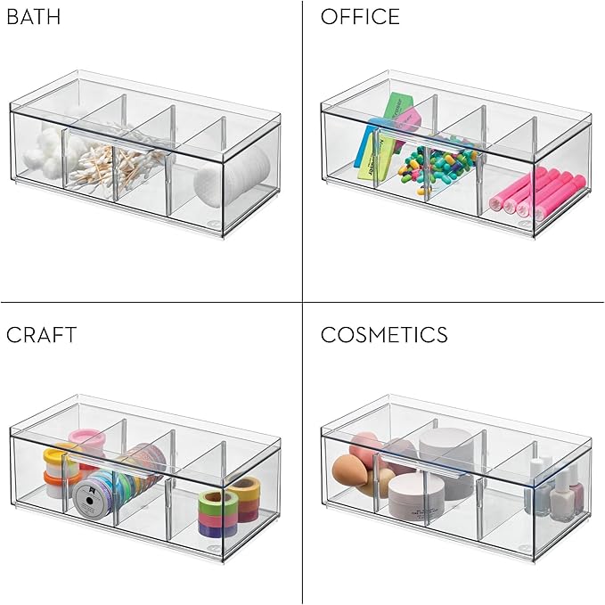 iDesign XL Tea Bag Organizer for Counter, 4-Section Clear Stackable Tea Storage Drawer for Cabinet, 2-Pack