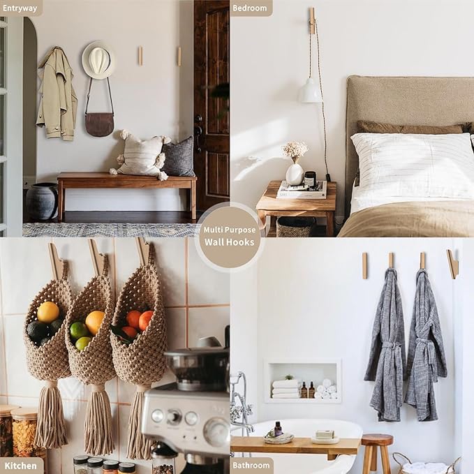 Wood Wall Hooks 4 Pack Coat Hooks Wall Mount Natural Wooden Hooks for Hanging Hat, Bag, Backpack, Rustic Coat Hooks for Wall, Wood Towel Hooks for Bathrooms and Entryway Hooks