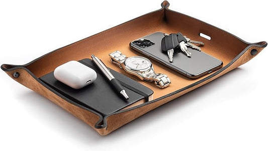 Main Street Forge Leather Valet Tray for Men â Rustic EDC Organizer for Keys, Phone & Wallet â Made in USA - Charred Oak