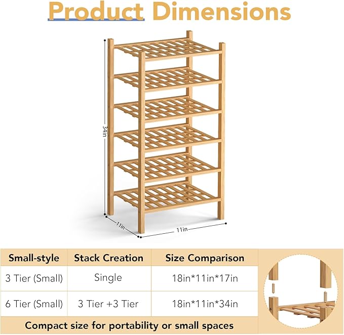 Haddockway Small 6 Tier Bamboo Shoe Rack Storage Organizer,Multifunctional Free Standing Stackable Shoe Shelf with Grid Panel for Closet,Hallway,Entryway,Small Space 18"x11"x34"