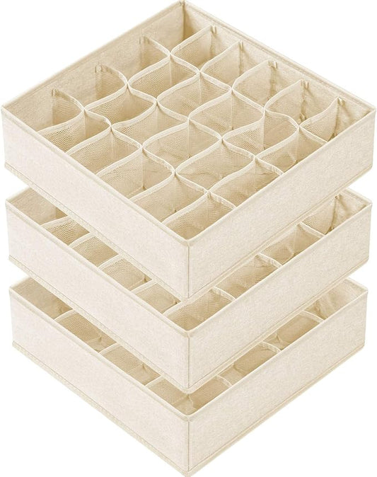 Criusia 3 Pack Sock Underwear Drawer Organizer Dividers, 64 Cell Fabric Foldable Cabinet Dresser Closet Organizers and Storage Boxes for Organizing Socks, Underwear, Ties (16+24+24 Cell, Beige)
