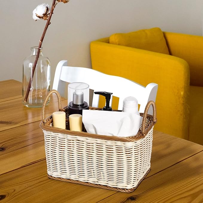 Wicker Flatware Organizer, Cutlery Holder for Countertop, Woven Cutlery Storage with Handles, 4 Compartments Utensil Tableware Basket