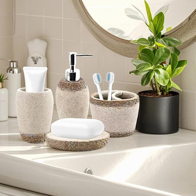 4 PCS Resin Bathroom Accessory Set, Soap Dispenser with Chrome Pump, Toothbrush Holder, Tumbler and Soap Dish, Bathroom Sink Set for Home Decor (Simple Retro)