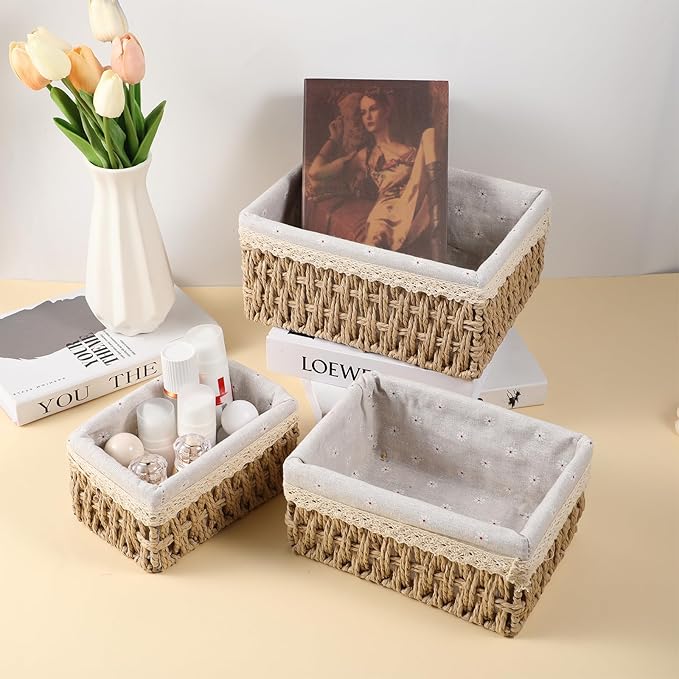 3 Pcs Storage Basket With Liner, Wicker Decorative Basket for coffee table, RectangleTray,Bathroom Countertop Organizer, rectangle Kitchen Drawer Organizer Storage (3 Sizes)