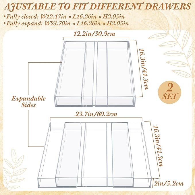 2 Packs Expandable Kitchen Drawer Organizer Clear Acrylic Utensil Organizer Adjustable Acrylic Silverware Storage for Drawers Silverware Flatware Knives (12 x 16 Inches,3-5 Compartments)