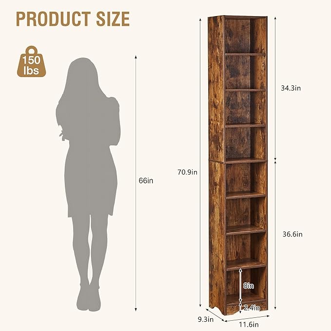 VECELO Narrow Tall 71 inch Adjustable Bookshelf - Customizable Shelf Heights, Elevated Dust/Moisture-Proof Base, Rustic Wood Display Shelf for Living Room Bedroom Small Spaces-Brown