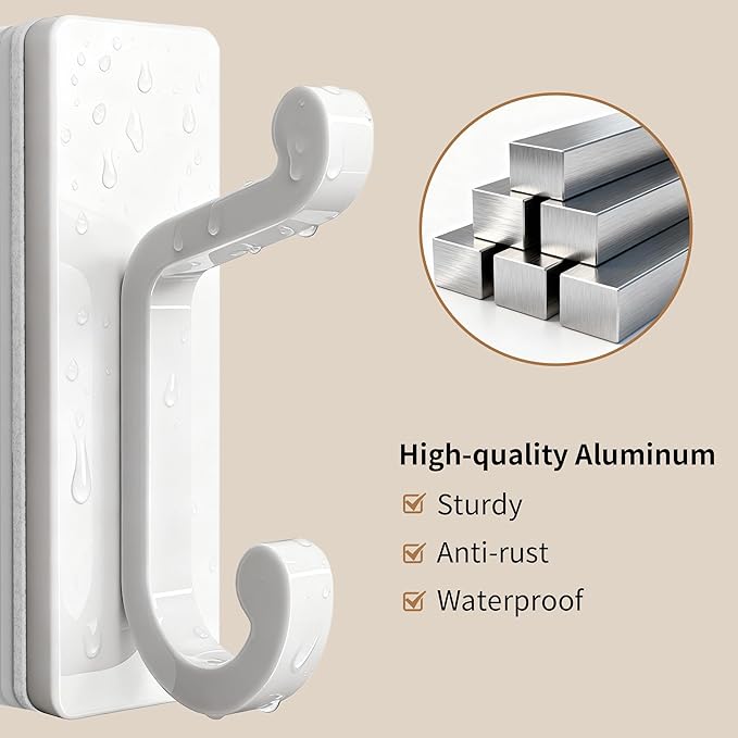 White Self Adhesive Wall Hooks - 4 Pack Sticky Hangers Wall Mount, Holds 13Lbs for Clothes, Towel, Robes, Keys, Double Hooks for Bathroom, Bedroom and Door.