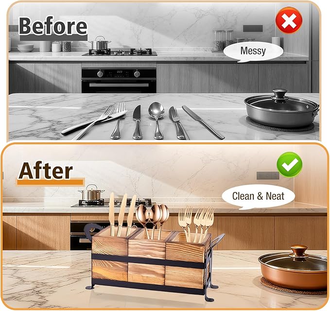 Wooden Silverware Caddy with 3 Detachable Compartments & Portable Handle - Farmhouse Countertop Organizer for Forks/Spoons/Knives, Cutlery Holder for Party, Kitchen & Dining