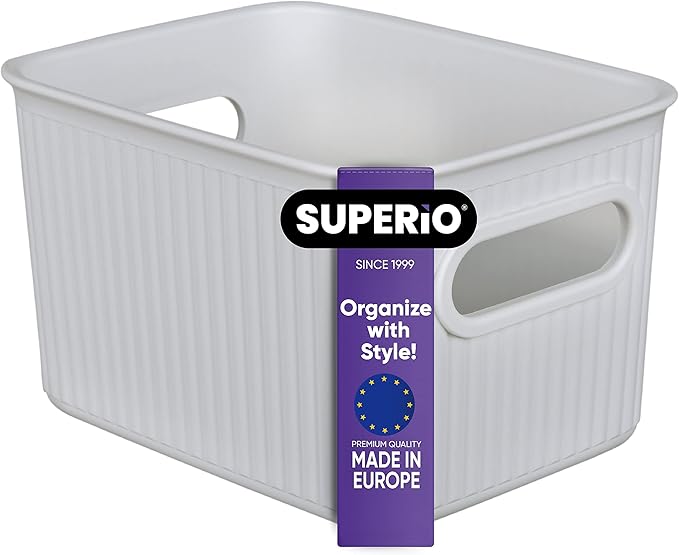 Superio Ribbed Collection - Decorative Plastic Basket Open Home Storage Bins Organizer, Small White Smoke (1 Pack) Container Boxes for Organizing Closet Storage Bins for Shelves 1.5 Liter