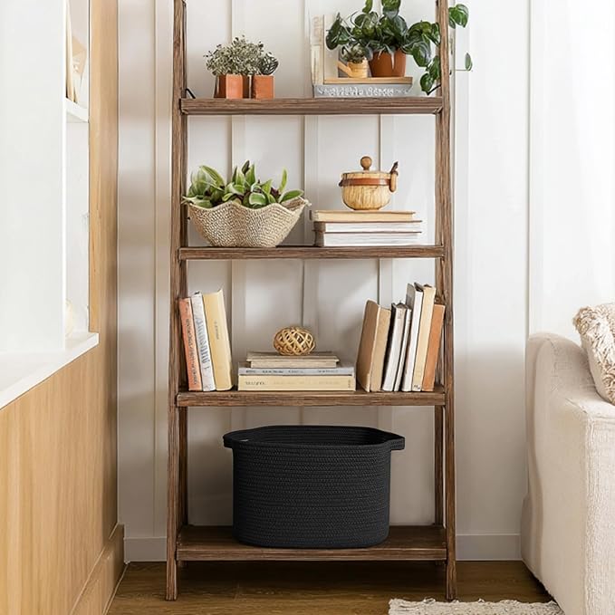 Black Woven Storage Basket - 15"x9"x11" Cotton Rope Basket for Organizing Shoes, Toys, Books, Towels, Rectangular Decorative Dog Toy Bin Box, Wicker Storage Bin for Entryway, Shelf, Gift Use