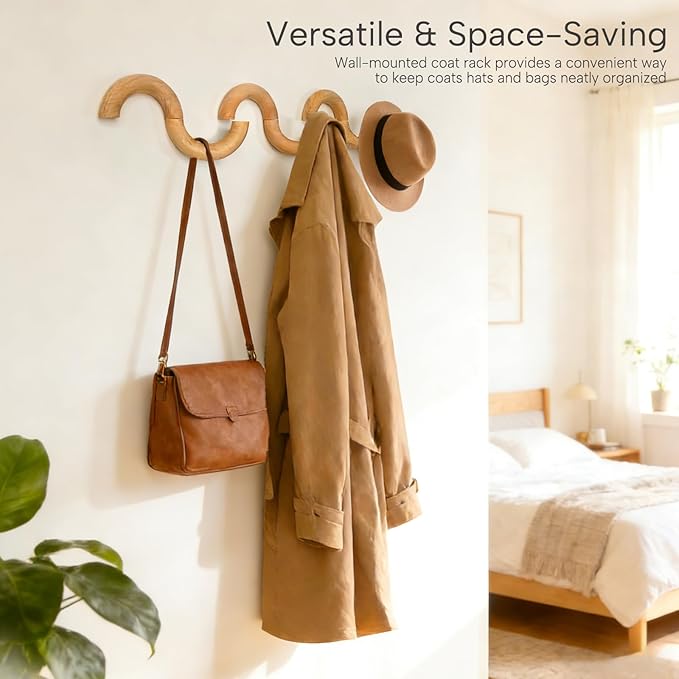3Pack Coat Hooks Wall Mount for Hanging,Rotatable Wooden Wall Hooks Modern Hat Rack Key Holder Entryway Organizer Clothes Hanger Home Decor for Bedroom Kitchen Hallway Bathroom