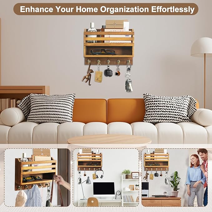 Mail and Key Organizer for Wall – Key Holder Wall Mount with Storage Box and 5 Key Hooks, Mail Holder Wall Mounted for Entryway, Apartment, Office, Home Decor Organization (Brown)