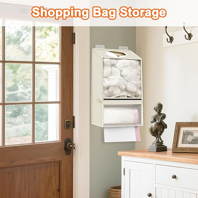 Plastic Bag Holder - Large Wall Mount Grocery Bag Holder & Dispenser for Home Kitchen, 2-in-1 Space-Saving Durable Organizer House Necessities, Beige