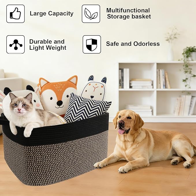 Magazine & Newspaper Baskets,Large Woven Rope Blanket Basket,24"x16"x15"Storage Bin with Handle,Toys Storage,Laundry Basket for Home Organization/Living Room/Nursery/Bedroom,Black&Jute