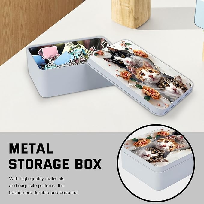 Metal Tin Box with Lid for Game Cards Home Organizer Candles Keys Crafts Storage - Equipped with 4 Magnetic Cord Clips，Cute Cats and Roses