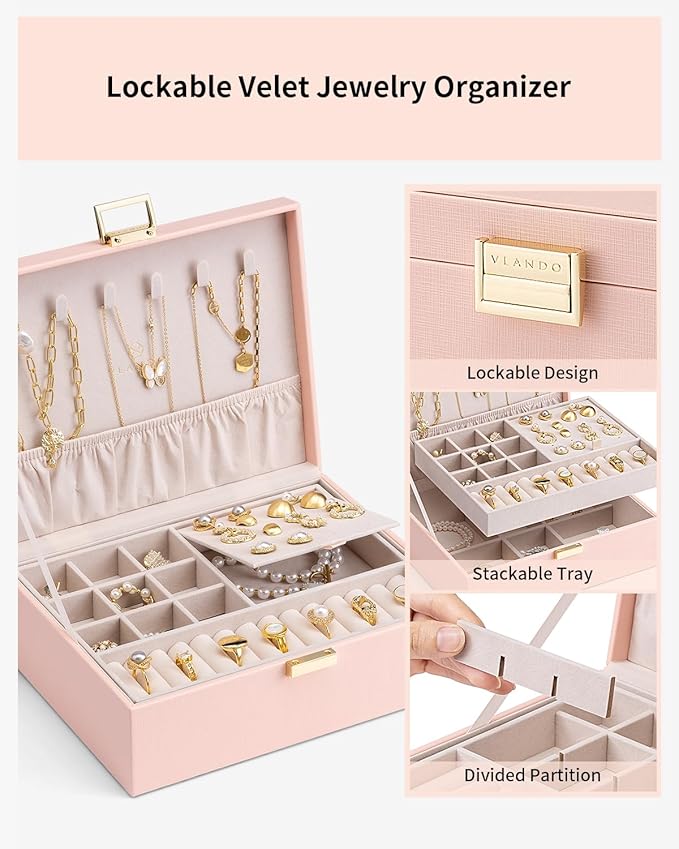 Vlando 2 Layer Jewelry Box Large Jewelry Organizer for Women Removable Jewelery Tray for Necklace Earrings Rings Bracelets Jewelry Boxes Gifts for Women (Pink)