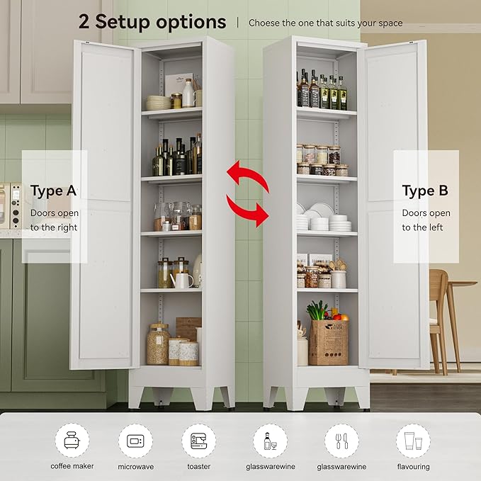 White Narrow Metal Storage Cabinet, Tall Freestanding Cabinet with 4 Adjustable Shelves & Barn Doors, Pantry Organizer for Bathroom Kitchen Home Office Dining Room（1PC,White）
