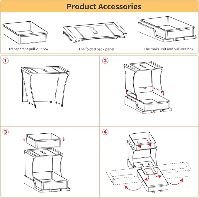 Attelite Pull Out Cabinet Organizer, 2 Tier Bathroom Counter Organizer with 180° Rotating and Foldable Design, Sliding Drawers Clear Spice Rack Organizer for Cabinet, Under Sink Organizer