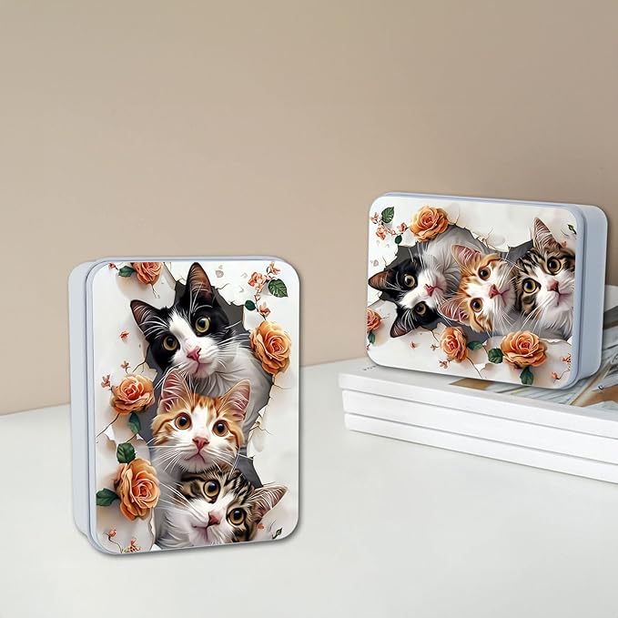 Metal Tin Box with Lid for Game Cards Home Organizer Candles Keys Crafts Storage - Equipped with 4 Magnetic Cord Clips，Cute Cats and Roses